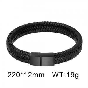 Black matte hand woven leather stainless steel men's bracelet - KB135317-KFC