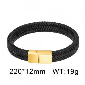 Golden matte hand woven leather stainless steel men's bracelet - KB135318-KFC