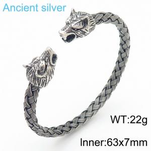 Ancient Silver Wolf Head Bracelets Men's Braided Cable Bangle Cuff Bracelet Adjustable - KB180536-KJX