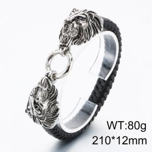 Oxidized Cast Lion Head Stretch Buckle Leather Men's Bracelet - KB76471-BD
