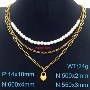 Fashionable and popular stainless steel heart-shaped triple layered pearl necklace - KN287543-Z