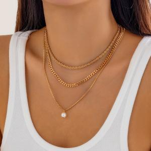 Stainless steel multi-layer necklace Thin chain imitation pearl multi-layer necklace - KN288923-Z