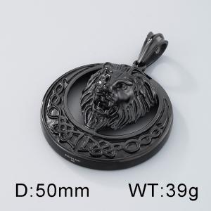 Hip hop retro Celtic round diamond studded hollow lion head men's stainless steel Black-plating Pendant - KP82802-BDJX