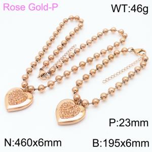 6mm Beads Chain Jewelry Set Stainless Steel Bracelet & Necklace With Heart Charm Rose Gold Color - KS199416-Z