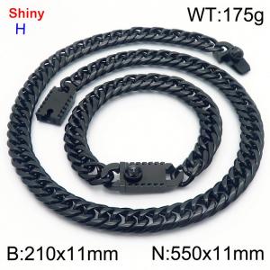 550 * 11mm stainless steel Cuban chain black bracelet necklace set - KS219495-Z