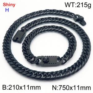 750 * 11mm stainless steel Cuban chain black bracelet necklace set - KS219499-Z