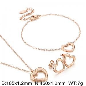 Sweet and simple hollow heart collarbone chain stainless steel set rose gold peach heart set - KS222148-KLX