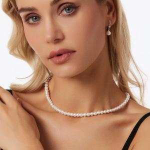 Bridal pearl collarbone short necklace stainless steel set - KS222216-Z