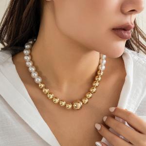 Stainless steel shell bead Perforated golden steel ball necklace - KN288914-Z